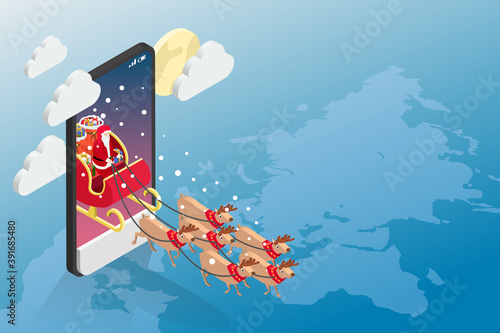 Isometric Santa claus in red sleigh by reindeer coming out of the phone screen, Father christmas new year, Merry Christmas and Happy New Year.
