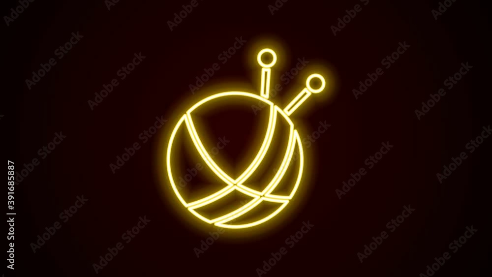 Glowing neon line Yarn ball with knitting needles icon isolated on black background. Label for hand made, knitting or tailor shop. 4K Video motion graphic animation Glowing neon line Yarn ball with knitting needles icon isolated on black background. Label for hand made, knitting or tailor shop. 4K Video motion graphic animation