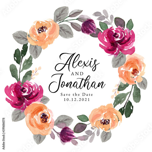 Watercolor Floral Wreath with Burgundy and Orange Peonies