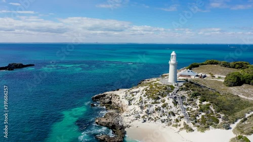 Rottnest Island Lighthouse Clear Blue Water Aerial Drone Footage 4k 