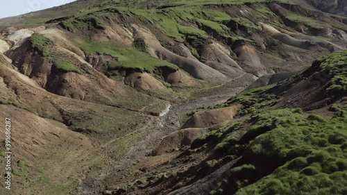 Aerial flying through arid valley in remote Iceland landscape of Sogin Badlands photo