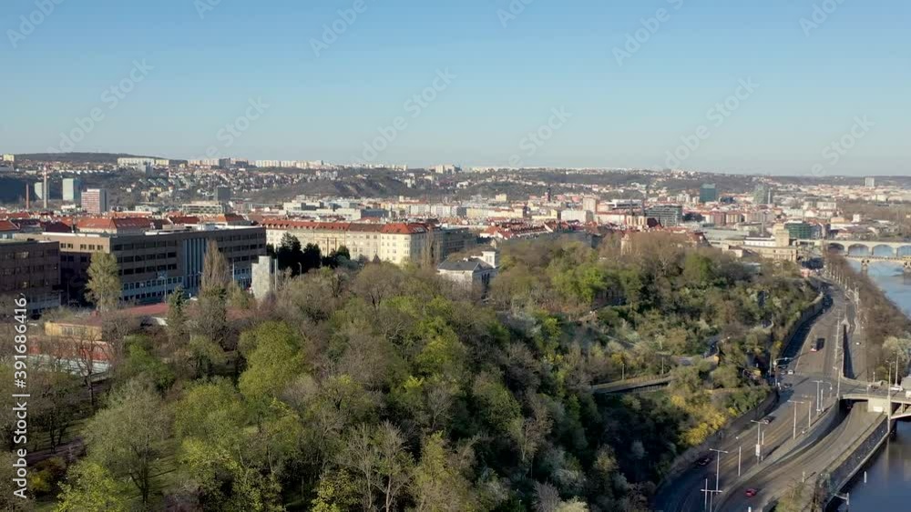 Aerial drone view on Prague famous park and neighborhood Letna. Historical architecture surounded by nature. Aerial drone view on Prague famous park and neighborhood Letna. Historical architecture surounded by nature.