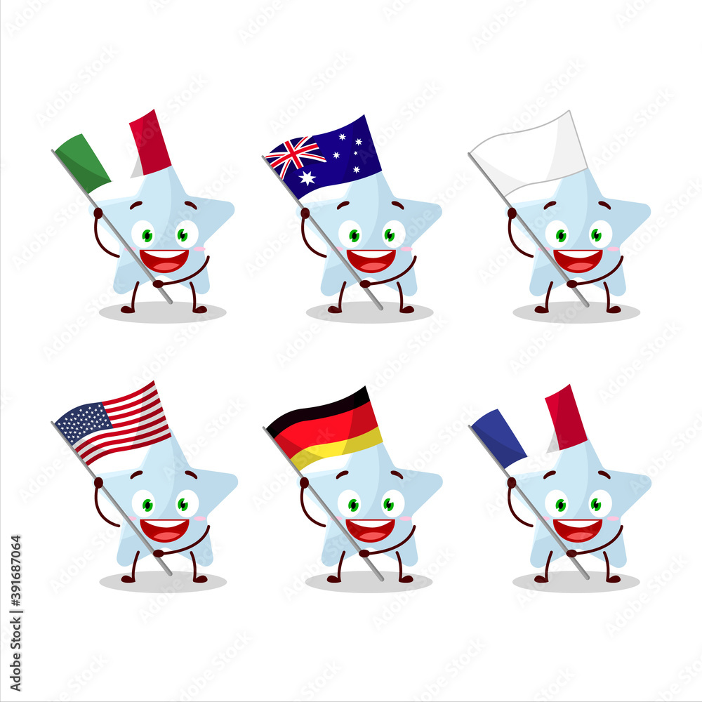 Blue star cartoon character bring the flags of various countries Blue star cartoon character bring the flags of various countries