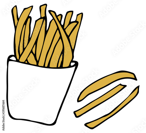 Vector isolated element. Illustration with takeaway food. Logo for the fast food menu. Hand drawn doodle. Deep-fried potatoes