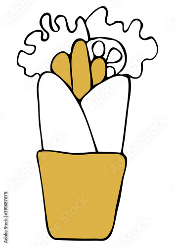 Vector isolated element. Illustration with takeaway food. Logo for the fast food menu. Hand drawn doodle. Shawarma, gyro