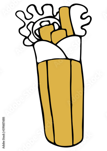 Vector isolated element. Illustration with takeaway food. Logo for the fast food menu. Hand drawn doodle. Shawarma, gyro
