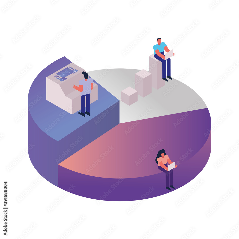 young people using technology in statistics pie isometric characters young people using technology in statistics pie isometric characters