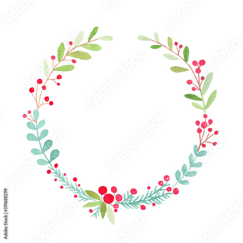 Christmas wreath watercolor painting isolatedon white background, Christmas season greeting card illustration, Holiday inviation frame background