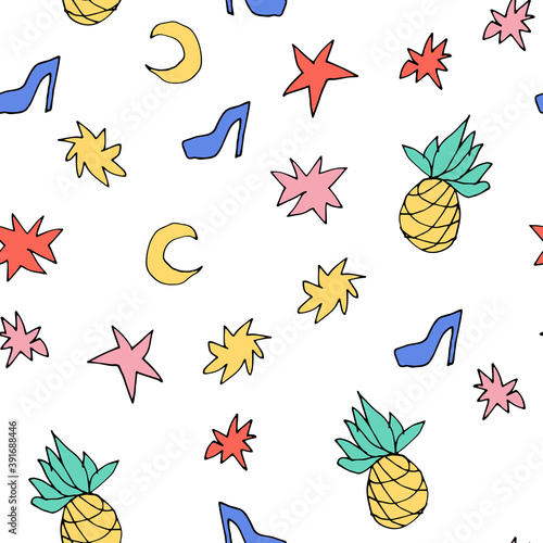 80 s hand drawn cute elements. Pineapple, shoe, star, moon, in boho style