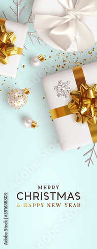 Christmas vertical backgrounds, xmas poster, web banner. Holiday templates cover for social networks, design for and stories. Realistic 3d decorative objects. Happy New year. vector illustration