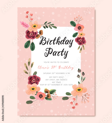 Birthday Party Invitation Card with Flowers and Polkadot Background