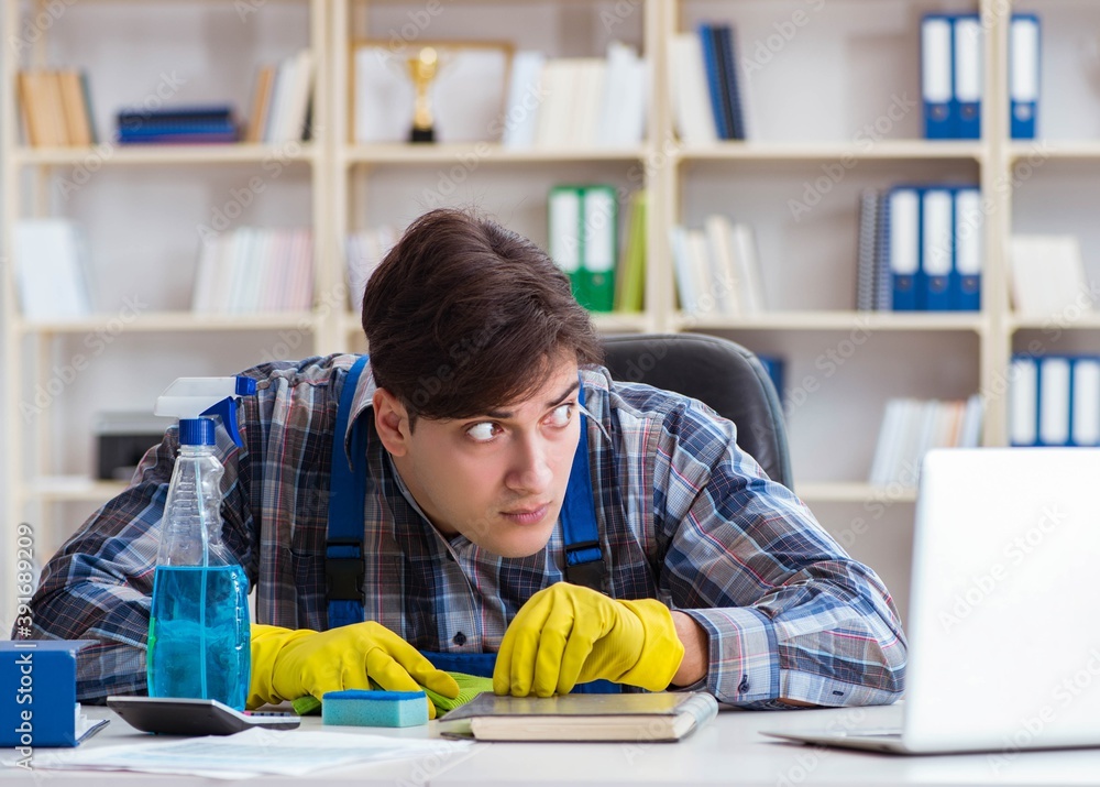 Man cleaner stealing confidential documents Man cleaner stealing confidential documents