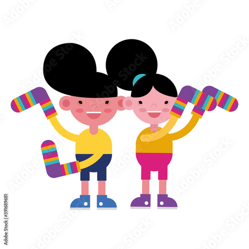 little kids lifting socks with colors stripes down symbol