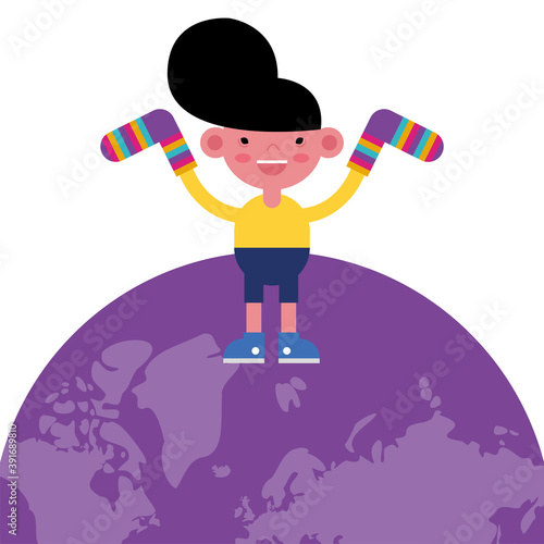 boy with socks pair colors stripes down symbol in earth planet