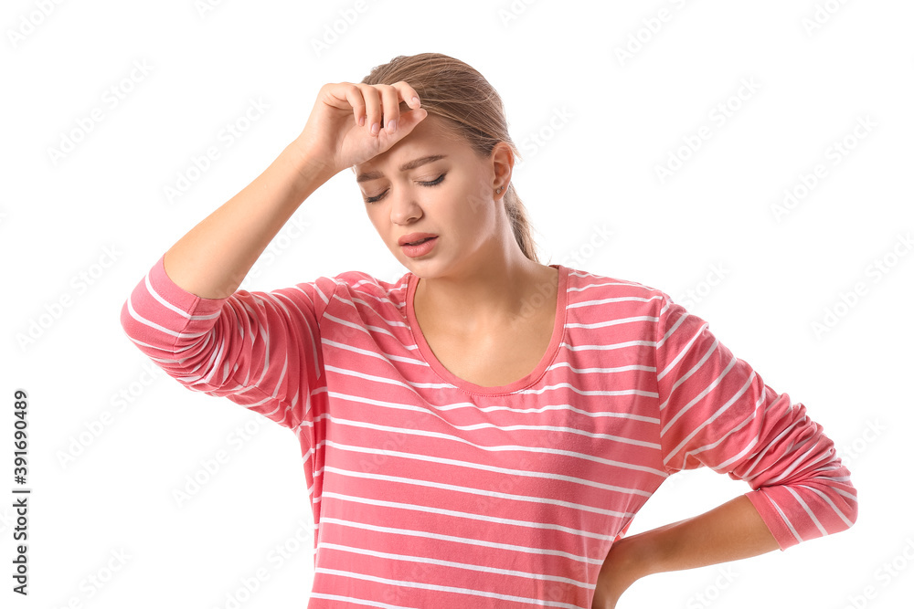 Exhausted woman on white background. Diabetes symptoms Exhausted woman on white background. Diabetes symptoms