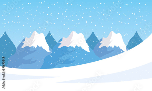 snow scape seasonal scene with mountains peaks