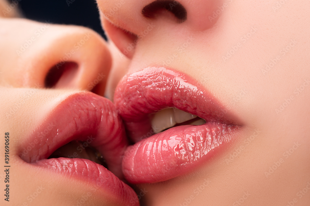 Lesbian kiss. Valentines day. Love. Woman couple in love. Kissing. Female sensual lips. Valentines day. - obrazy, fototapety, plakaty 