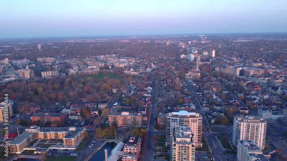 aerial going up looking over a city during fall. aerial going up looking over a city during fall.