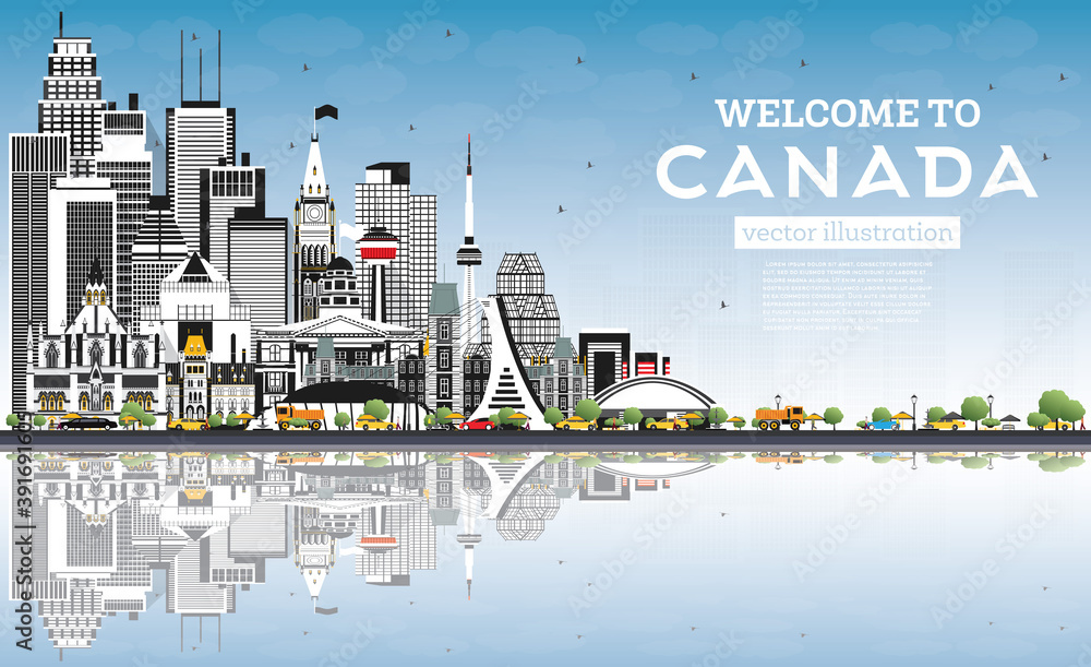 Obraz premium Welcome to Canada City Skyline with Gray Buildings and Blue Sky.