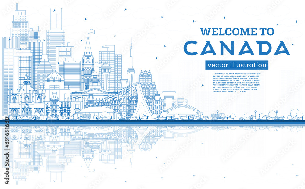 Outline Welcome to Canada City Skyline with Blue Buildings.