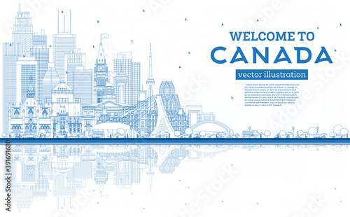 Outline Welcome to Canada City Skyline with Blue Buildings.