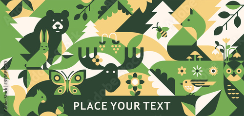 Animal abstract vector background. Geometry forest pattern for forest day print, greeting card, banner.