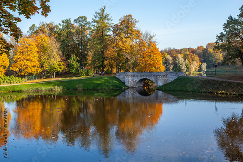 Karpin pond and Karpin bridge with a cascade. Palace Park. Gatchina. Leningrad region. Russia