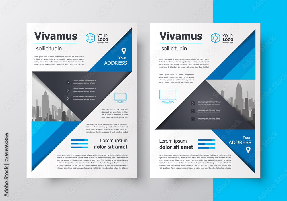 Flyer brochure design template set front and back, size A4 triangles theme blue color Flyer brochure design template set front and back, size A4 triangles theme blue color