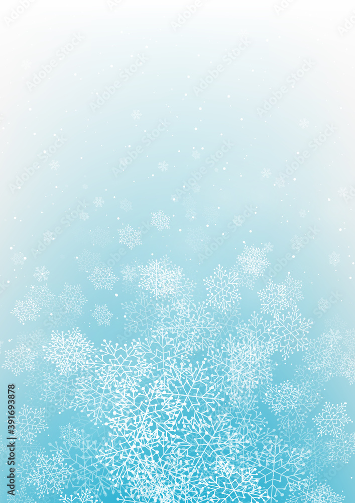 Christmas greeting card with shiny snowflakes on light blue - vector vertical background for winter holiday design