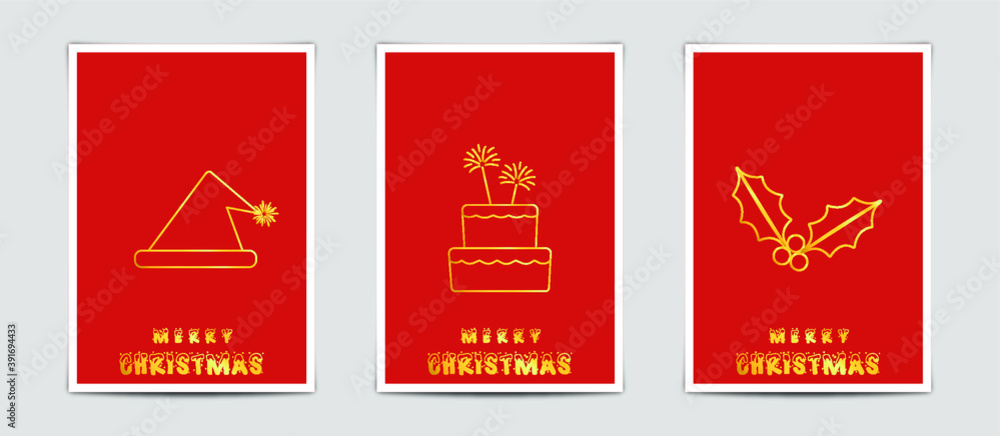 Fototapeta premium Merry Christmas modern card set elements greeting text lettering red background.