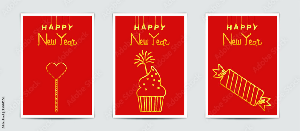 Fototapeta premium Merry Christmas modern card set elements greeting text lettering red background.