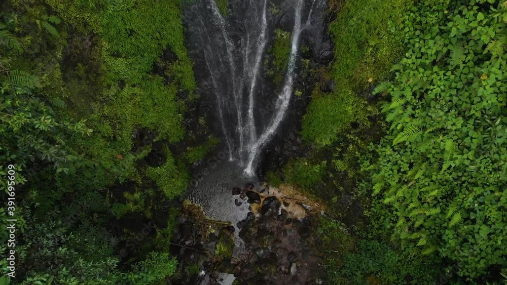 Aerial beautiful natural waterfall inside the jungle. Drone goes up while water flows. Aerial beautiful natural waterfall inside the jungle. Drone goes up while water flows.