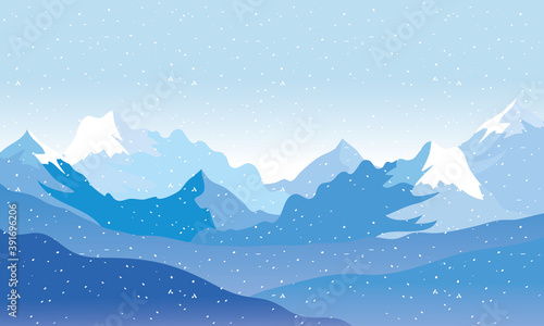snow scape seasonal scene with mountains horizon