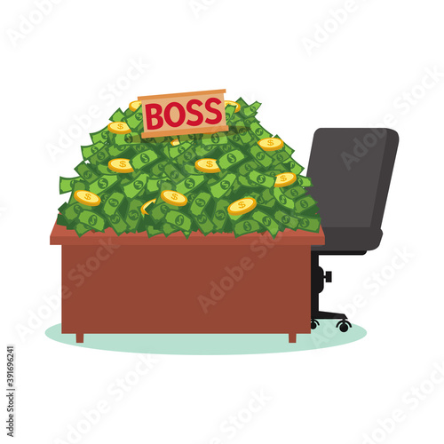 Boss desk with a big pile of money , illustration vector cartoon