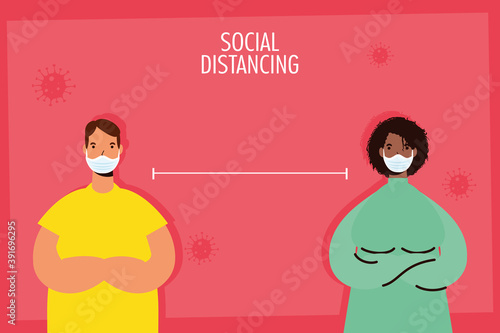 interracial couple practicing social distancing characters