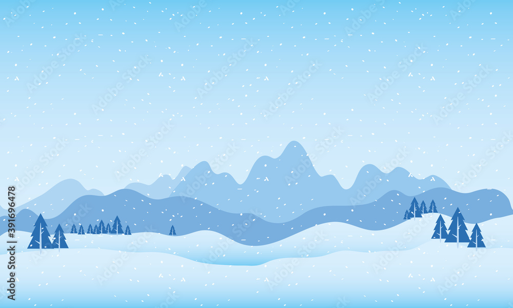 snow scape scene with mountains and pines trees