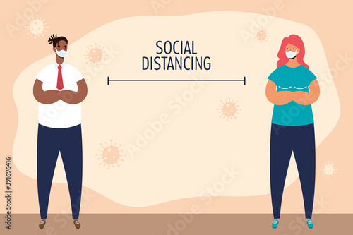 interracial couple practicing social distancing characters