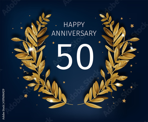 Happy anniversary golden laurel leaves banner