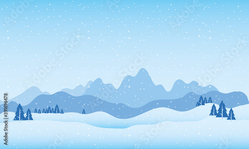 snow scape scene with mountains and pines trees