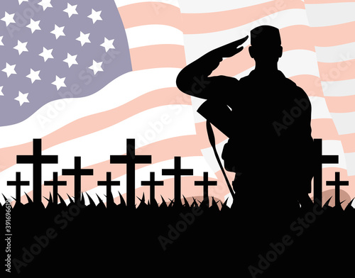happy veterans day celebration card with soldier saludating and usa flag in cemetery