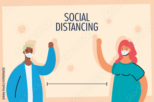 interracial couple practicing social distancing characters