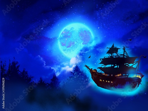 Wallpaper of Pirate ships and blue full moon in beautiful cloudscape 