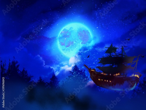 Wallpaper of Pirate ships de blue full moon in beautiful cloudscape