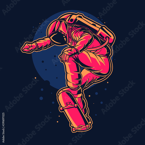 astronaut jumping skateboard on space moon background
