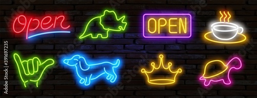 Pop art icons set. Pop art neon sign. Bright signboard, light banner. Vector illustration Pop art icons set. Pop art neon sign. sign OPEN, coffee, dinosaur, turtle, dog