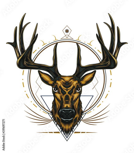 Deer logo illustration with ornament frame background. Animal design template for logo, apparel, clothing, merchandise.