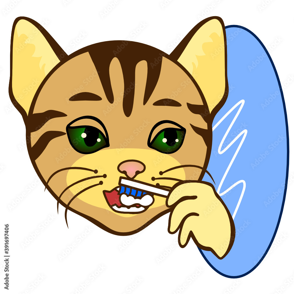 cat with open mouth that is brushing teeth using a toothbrush and a toothpaste, simple colored emoticon, vector emoji in color cat with open mouth that is brushing teeth using a toothbrush and a toothpaste, simple colored emoticon, vector emoji in color