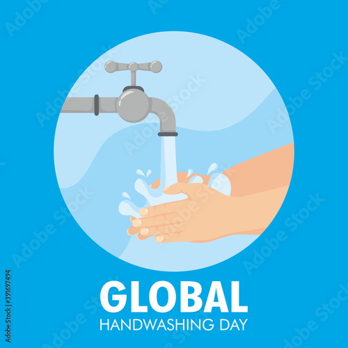 global handwashing day campaign with hands and tap in circular frame