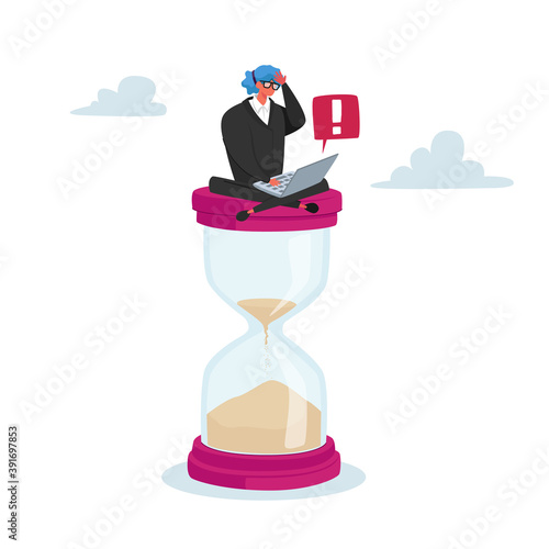 Tiny Businesswoman Character Sitting on Huge Hourglass with Laptop in Hands. Deadline, Business Process Concept, Time