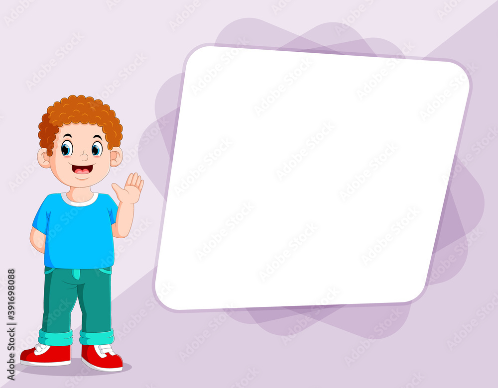 The boy presenting with the blank bubble speech near him The boy presenting with the blank bubble speech near him